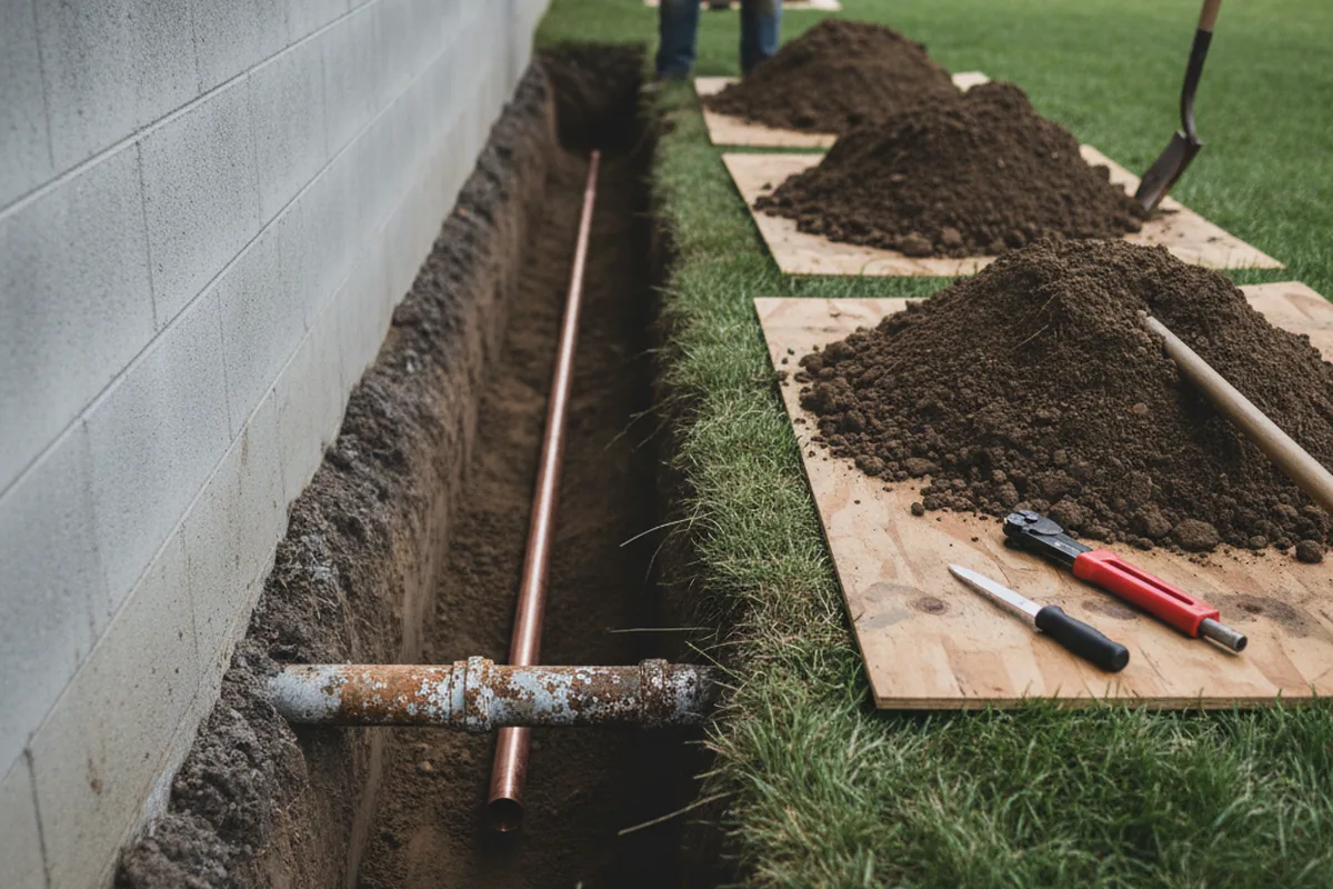 Excavated water line trench during Sewer Line Repair in Ricetown